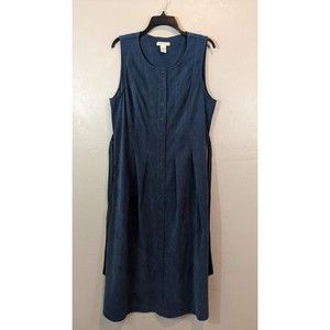 Orvis Womens Size 12 Blue Button Down Tie Back Pinafore Faux Suede Modest Dress